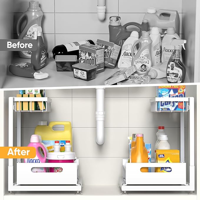 Saydear Under Sink Organizer Storage 2-Tier Premium Metal Pull-Out Kitchen Cabinet Organizer with Sliding Drawer, Height Adjustable, Heavy Duty for Kitchen & Bathroom Organizers 1 Pack White