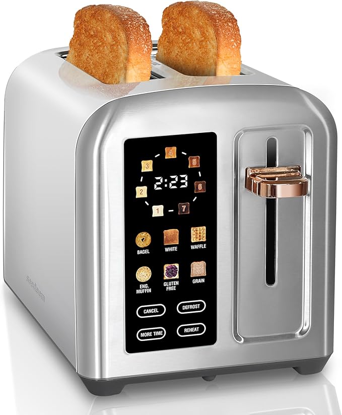 SEEDEEM Toaster 2 Slice, Full Touch Control Stainless Toaster, LCD Display, 50% Faster Heating Speed, 6 Bread Type, 7 Shade Setting, 1.5''Wide Slots, Removable Crumb Tray, 1350W, Silver Metallic