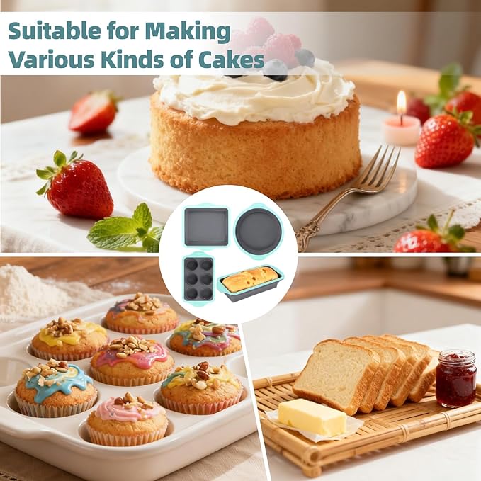 4PCS Silicone Baking Pan Set, Stackable Nonstick Baking Pans Set with Long-lasting Grip Handles & Metal Reinforced Frame, Kitchen Baking Kit for Baking Muffin, Loaf, Round & Square Cake Pans