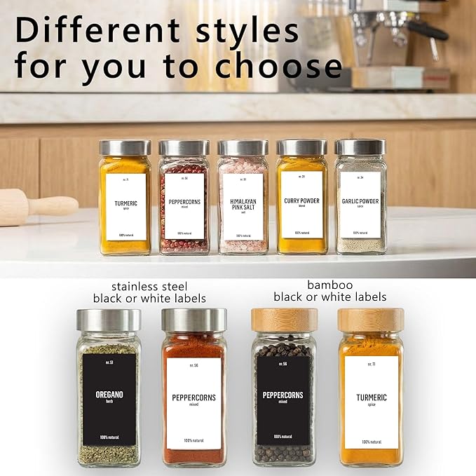 Deco haus Empty Glass Spice Jars with White Label 24x4oz [LABELS incl] Spice Containers with Labels, Shaker Lids & Funnel - Empty Herb Seasoning Containers, Small Seasoning Bottles for Herb