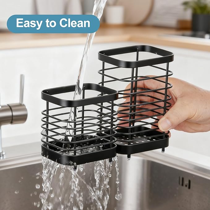Utensil Holder, Stainless Steel Utensil Drying Rack for Kitchen Counter, Silverware Cutlery Flatware Holder Forks, Knives, Spoons, Chopsticks Organizer (Black)
