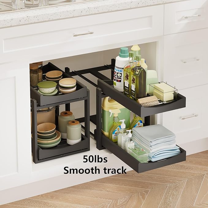 Bamboo Under Sink Organizer Adjustable Height 2 Tier Bathroom Organizer Pull Out Cabinet Storage Kitchen Heave Duty Wood Slide Ou Shelf for Kitchen Bathroom (Black, 2 Packs) (Black, 2 Packs)
