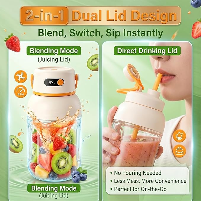 Portable Electric Juicer Cup with Zero Cord Hassle, USB-C Rechargeable Multifunctional Portable Juicer Cup for Smoothies, Protein Shakes, Travel, Gym & Office (1000ML)