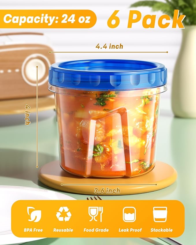 BiuLeon 6 Pack-24 oz Freezer Storage Containers, Plastic Food Storage Containers with Twist Top Lids, BPA Free and Reusable Soup Containers with Lids, Leakproof/Microwave/Dishwasher Safe