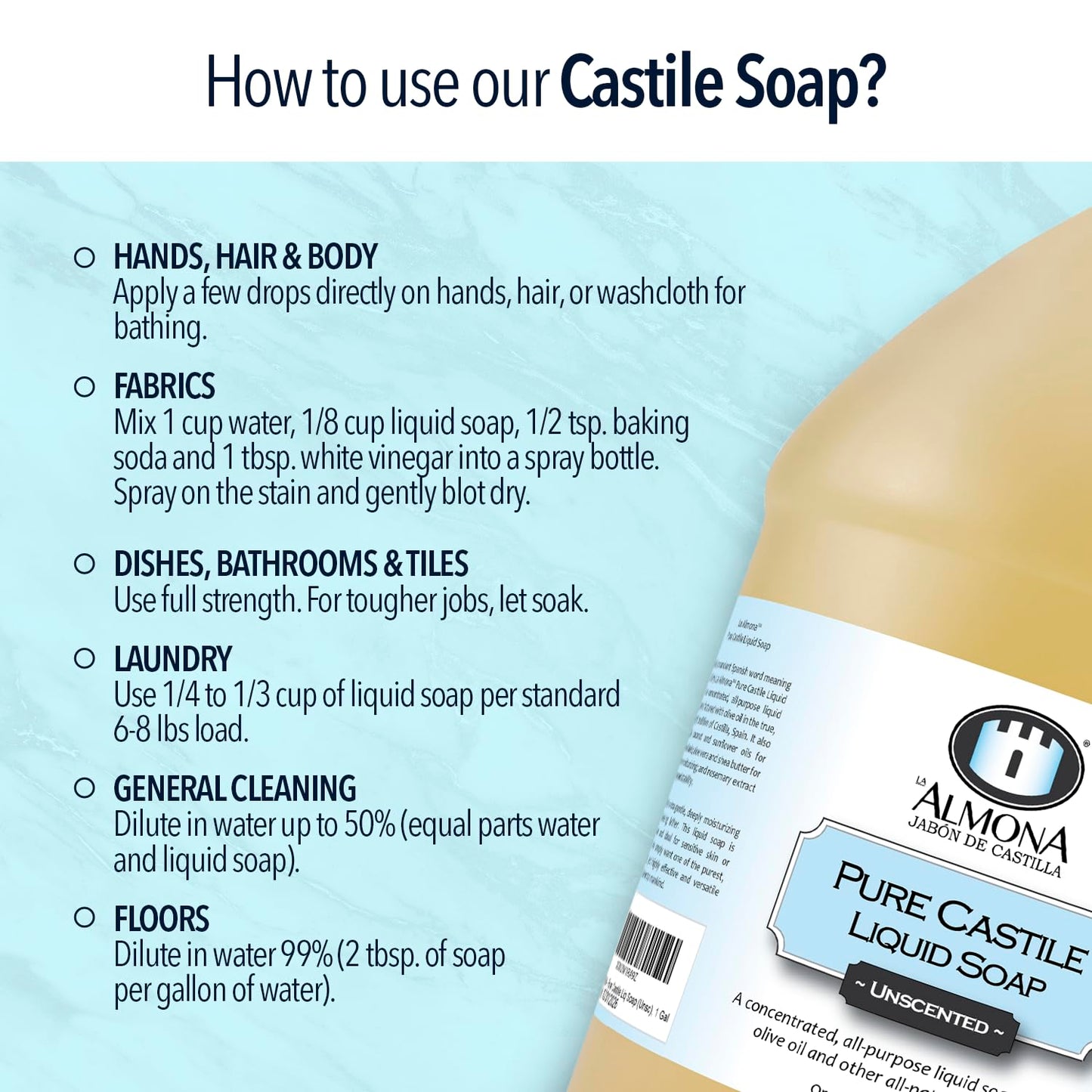 Pure Castile Liquid Soap, PEPPERMINT, 1 Gallon - Multipurpose: Hands, Face, Body, Laundry, Dishes & More - For Sensitive Skin, Natural Ingredients, Scented with Essential Oils