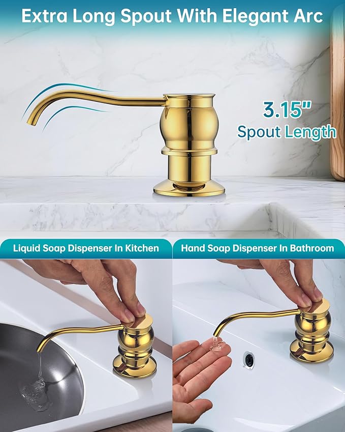 Brass Kitchen Soap Dispenser,Gold in Sink Liquid Dish Soap Dispenser, Under Sink Hand Metal Dispenser Pump, 47.2" Silicone Long Tube for 0.79 "- 1.38" Bottle Mouths