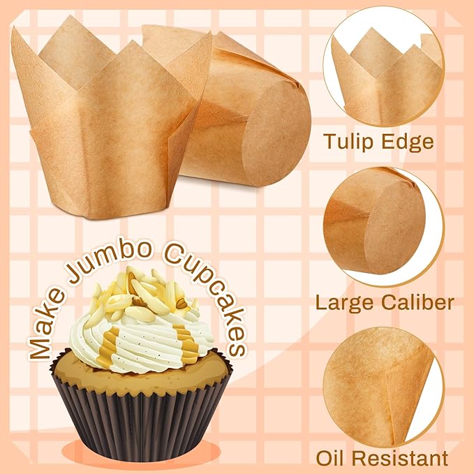 Motiskyy Jumbo Muffin Liners for Baking 2-1/4" x 4" Large Tulip Cupcake Liners Greaseproof Cupcake Wrapper Paper for Weddings Birthday Christmas Anniversaries Party (Light Brown,300 Pcs)