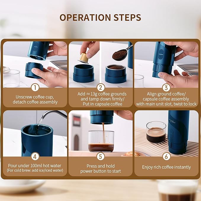 Magnavox HOME Portable Espresso Coffee Maker (Grounds or Pods) with Fast Brew Technology & Single Touch Control, Ideal for Offices or Travel