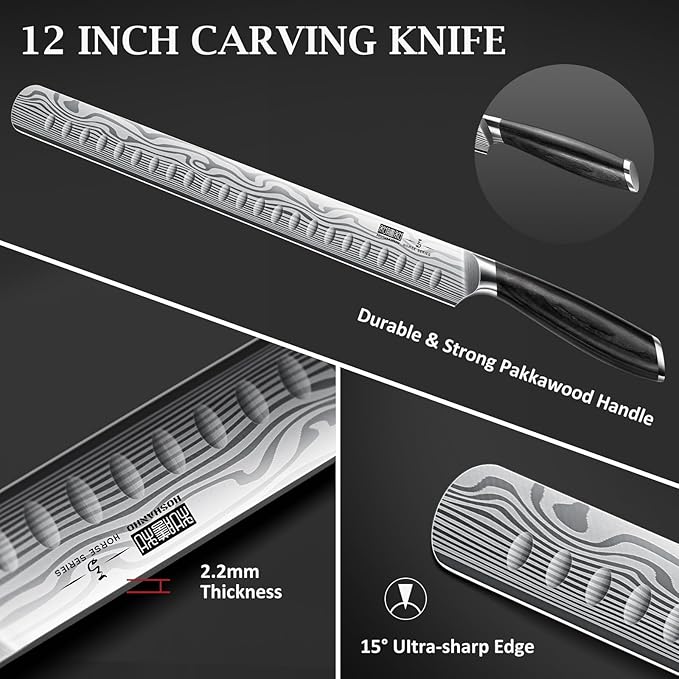 HOSHANHO 12 Inch Carving Knife, Razor Sharp Brisket Knife with Pakkawood Handle, Japanese High Carbon Powder Steel Slicing Knives for BBQ Brisket Turkey Ham Rib Roast