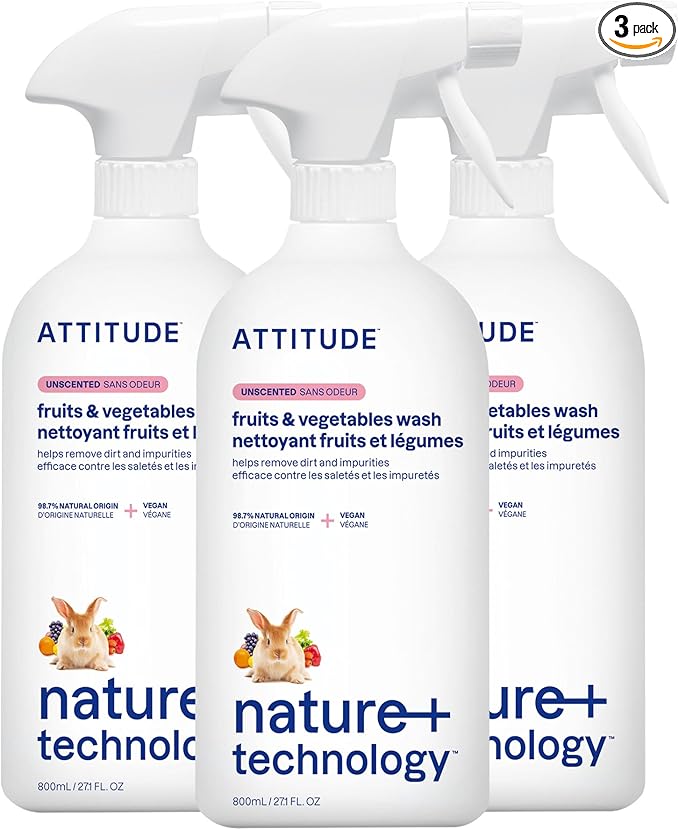 ATTITUDE Fruit & Vegetable Wash, Unscented Food-Safe Produce Wash to Remove Dirt, Wax & Residue, Vegan Plant-Based Produce Cleaner, 27.1 Fl Oz (Pack of 3)