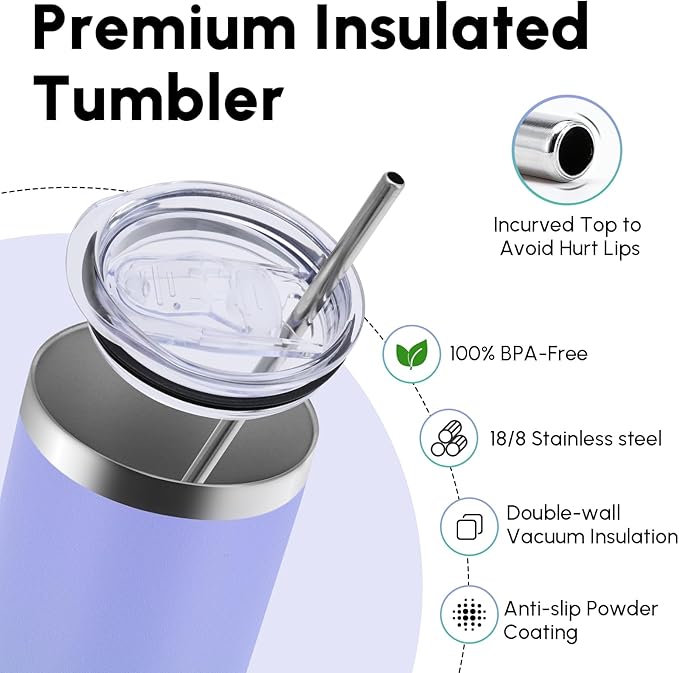 Volhoply 20 oz Skinny Tumbler with Lid and Straw, Stainless Steel Straight Tumblers Cup, Vacuum Insulated Coffee Mug for Home, Office, Travel, DIY (Purple Green,1 Pack)