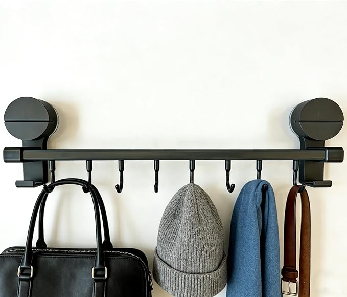 Wall Mounted Utensil Hook Rack with 8 Hooks, No Drill Installation, Space Gray Finish, Kitchen Organizer for Coats, Bags, and Accessories，Suction Cup Storage (1Pack)