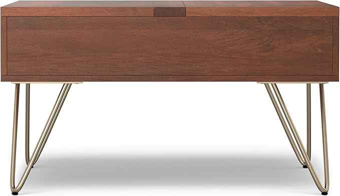 SIMPLIHOME Hunter Lift Top Coffee Table - 32 inch Wide Solid Mango Wood Industrial Square Cocktail Table in Umber Brown, Living Room Table with Dual Lift Tops, Hidden Storage and Gold Hairpin Legs