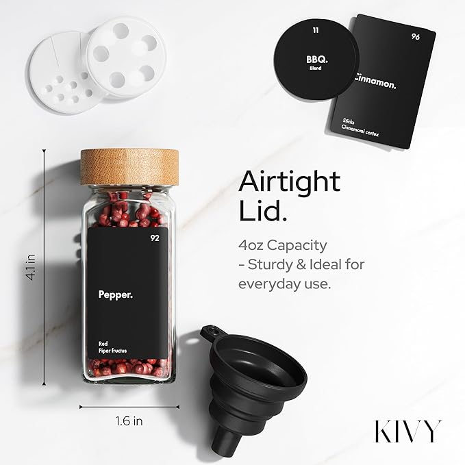 KIVY Drawer Spice Organizer + 24 Jars & 240 Labels - Seasoning Rack for Organization - Kitchen Drawer Insert for Spice Jars - Glass Seasoning Jars with Airtight Lids - Glass Spice Jars with Label