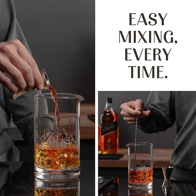 Mixology & Craft Commercial Grade Bar Mixing Glass – Includes 24oz Crystal Stirring Glass, Japanese Jigger, Bar Spoon, Muddler, and Hawthorne Strainer for Crafting Old Fashioned Cocktails at Home Bars