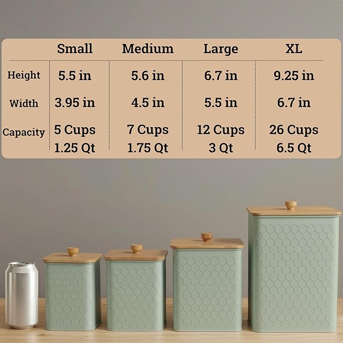 Kitchen Canisters for Countertop Set of 4 - Textured Iron Kitchen Canisters with Airtight Lids - Flour Sugar Canister Set - Flour and Sugar Containers Farmhouse - Coffee Jar for Counter - Green Jar x4