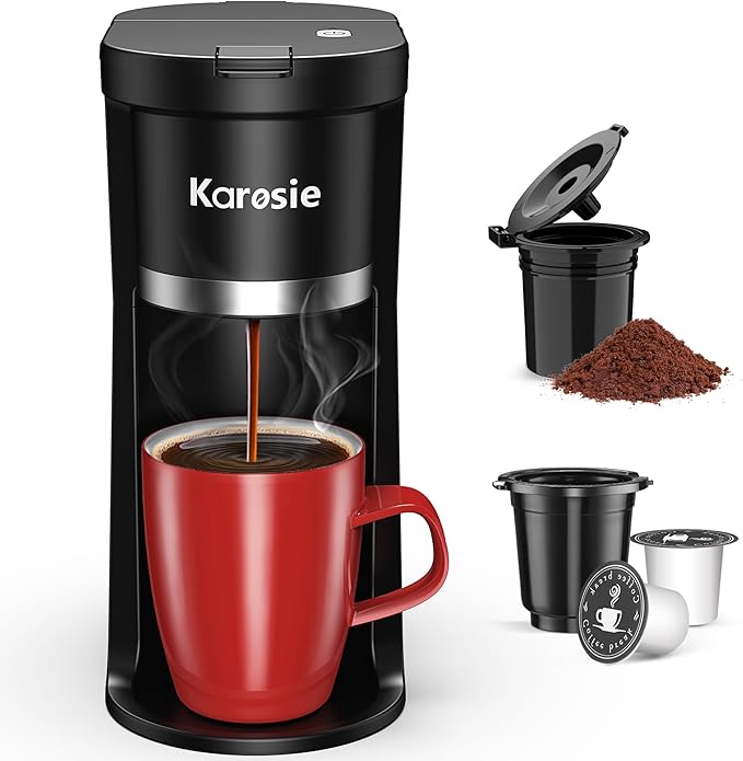 Small Single Serve Coffee Maker, Fast Brew for K-Cup & Ground Coffee, 6-12 Oz Brew Sizes, One-Button Single Cup Coffee Maker, Coffee Machine with Descaling Reminder