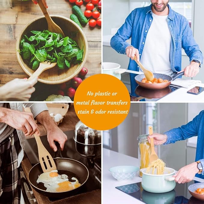 Bamboo Kitchen Utensils, 6 pcs Nonstick Spatula Tools with Handles, Heat Resistant Spatula Set, Non-stick Cooking Utensil, Premium Wooden Spoon Sets