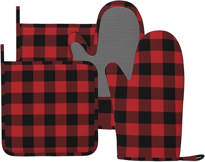 Red Black Buffalo Plaid Checker Oven Mitts and Pot Holders Set Silicone Heat Resistant Red Black Checker Kitchen Gloves Set Plaid Kitchen Mittens Pot Holders for BBQ Cooking