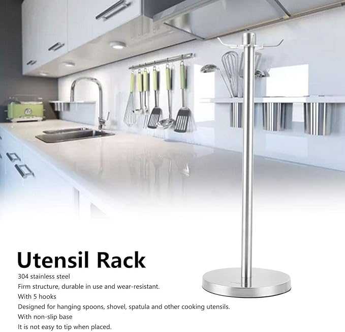 Utensil Rack, 360 Degree Rotating Kitchen Organizer Silver Space Saving Hanging Spatula Spoon Soup Ladle Holder with 5 Hooks for Home Countertop Cooking Utensil Holder