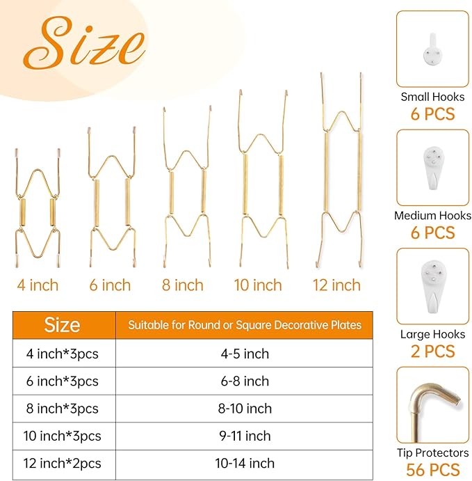 Bilillo 14 pcs Plate Hangers for The Wall, 4/6/8/10/12 Inch Invisible Plates Hangers, Stainless Steel Plate Wall Holders for Display Various Sizes with Hooks for Decorative