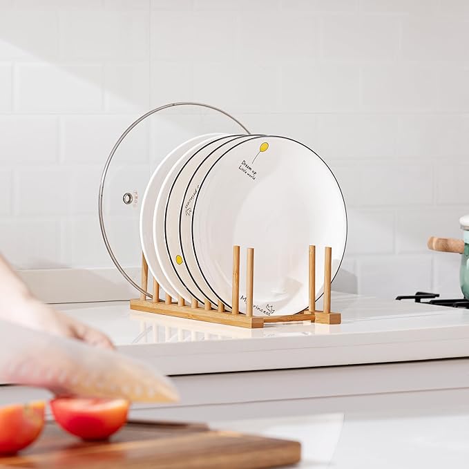 HBlife 2pcs Heighten and Widen Bamboo Dish Drying Rack Plate Bowl Cup Book Pot Lid Cutting Board Stand Drainer Storage Holder Organizer for Kitchen Cabinet