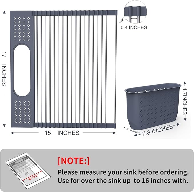LEMIKKLE 17" x 15" Roll Up Dish Drying Rack Over The Sink Dish Drying Rack,Multi-Purpose Kitchen Rolling Dish Drainer Foldable SUS304 Stainless Steel Dish Drying Rack