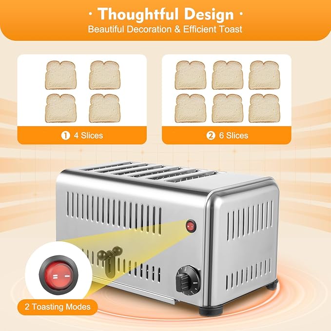 Electric 6 Slice Toaster, 1680W Stainless Steel Commercial Toaster with 6 Wide Slot, 1-5 Minute Timer Bread Baking Machine with Crumb Tray or Home Bakery Restaurant Dessert Store