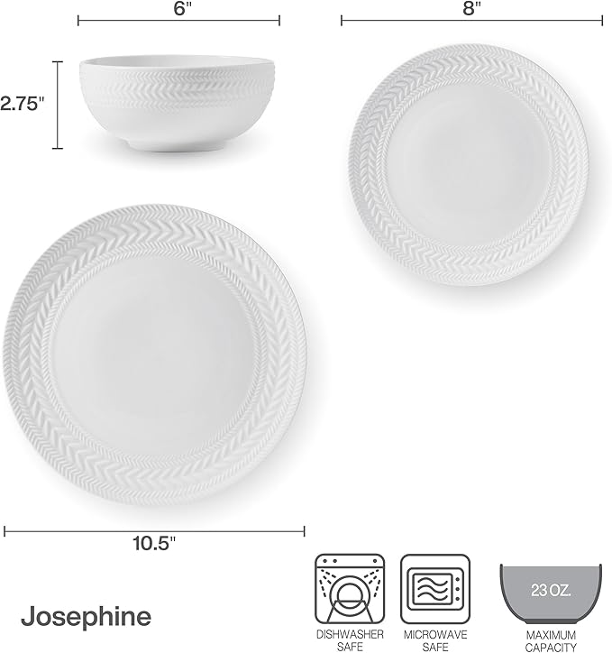 Pfaltzgraff Josephine 24-Piece Dinnerware Set, Porcelain Dish Set with Embossed Basket Weave Design, Service for 8, White Plates and Bowls Sets, Microwave and Dishwasher Safe