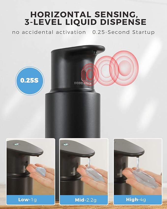 Automatic Liquid Soap Dispenser Touchless, 304 Stainless Steel Bottle Body &16.2oz/480ml Rechargeable, 3 Adjustable Liquid Levels, IPX7 Waterproof, for Kitchen Bathroom, Black