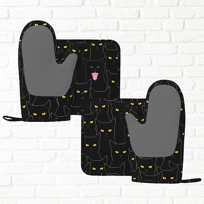Fun Black Cat Oven Mitts and Pot Holders Set of 4 Silicone Heat Resistant Oven Mitten Potholders Non Slip Gloves Kitchen Decor for BBQ Cooking Grilling Baking