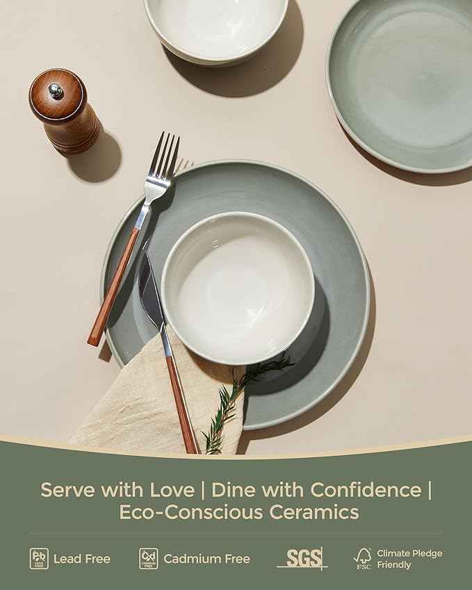 Plates and Bowls Sets for 8, 24 Piece Dinnerware Set for Large Families & Entertaining, Elegant Design, Dishwasher & Microwave Safe, Chip Resistant and Durable, Gray Green
