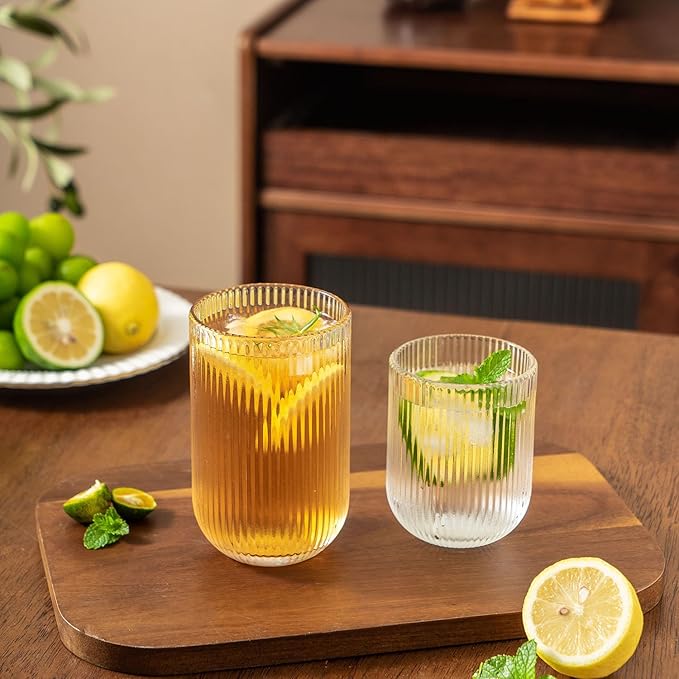 Ribbed Drinking Glasses 8pcs, Rocks Drinking Glasses 12oz and 10oz, Tumbler Glasses Cup Set for Wedding, Party, Christmas Gift, Clear