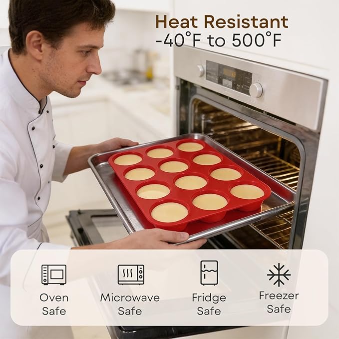 Silicone Muffin Pans for Baking Nonstick 2 Pcs, 12 Cup Regular Cupcake Pan, Food-Grade Silicone Baking Molds for Cupcakes, Egg Bites, Freezer, Red