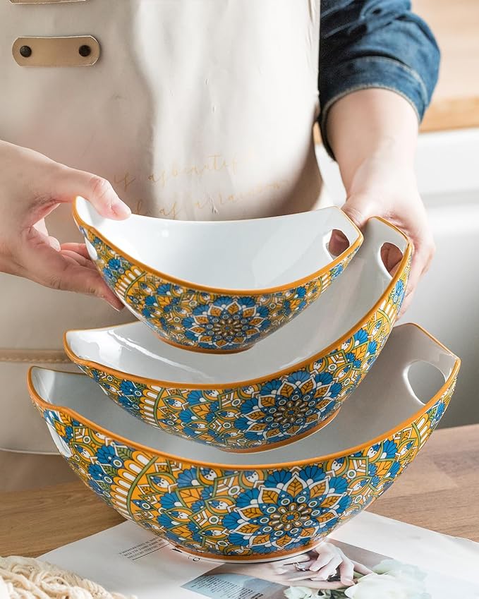 LAUCHUH Serving Dishes for Entertaining, Porcelain Serving Bowls with Handles Bohemian Salad Bowls Set Nesting Bowls for Mother's Day Party, Set of 3, 15/28/49 oz, Blue and Yellow