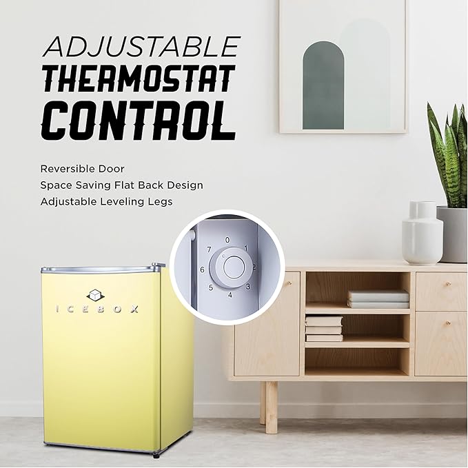 ICEBOX 2.5 Cu. Ft. Compact Refrigerator, ENERGY STAR Certified Small Refrigerator, Single Door Mini Fridge with Chiller Compartment, R600a Refrigerant, IBCR25SUN, Sun Yellow