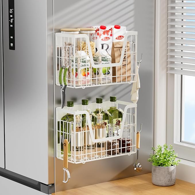 2 Set Magnetic Fridge Shelf, White Magnetic Fruit Basket for Refrigerator Organizer Storage, Potato and Onion Storage Bins, Wire Baskets Magnet Rack for Laundry Washing Machine Kitchen Shelves