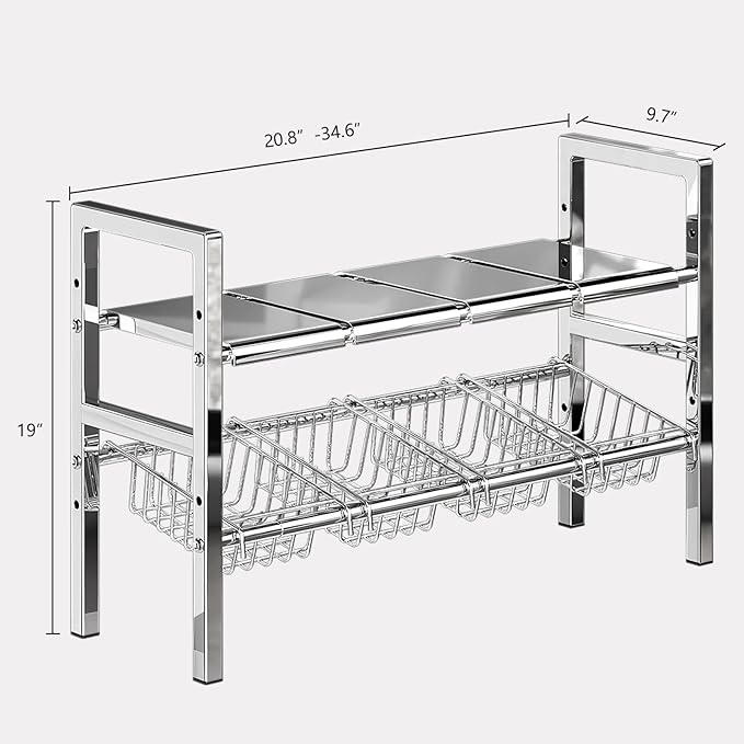 Large Under Sink Organizer 2 Tier Expandable Heavy Stainless Steel Shelf Adjustable Height for Under Kitchen Bathroom Sink Organizers and Storage (Large Size: 4 Panels 4 Storage Baskets)