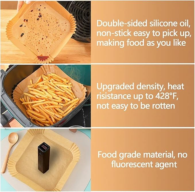 Large Air Fryer Disposable Paper Liners Nonstick 23cm Oven Airfryer Parchment Baking Paper ，Compatible For Ninja，Compatible For COSORI ，Grill Cooking Basket(23cm square,100 Pcs)