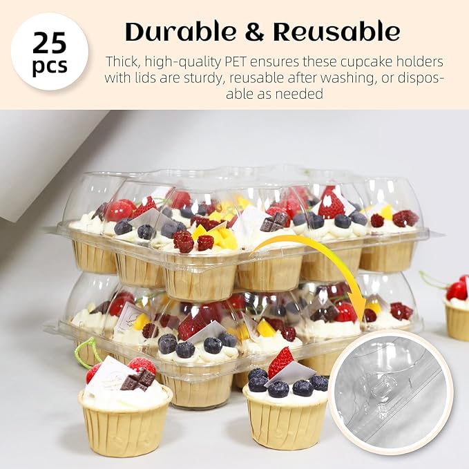 WIKDAY 12 Count x 25 Sets Plastic Cupcake Containers, Durable and BPA-Free Cupcake Holder with Lid for Easy Transport Storage, Stackable Clear Cupcake Carriers, Reusable Dessert Boxes