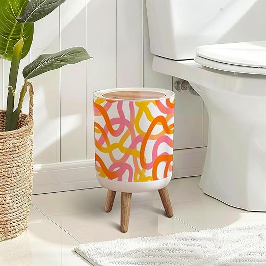 Trash Can with Lid Retro 60s Style Rainbow Seamless Pastel Color Stripes Pink Wave Press Top Round Small Garbage Bin with Wooden Legs Waste Basket for Kitchen Bedroom Nursery 7L/1.8 Gallon