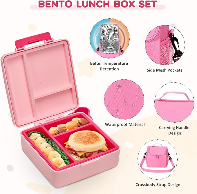 Pawtong Lunch Box Set with Bento Box Container, 17OZ Stainless Steel Food Soup Thermo, Kids Water Bottle & Portable Insulated Lunch Bag – Leakproof, Hot/Cold Retention for School, Travel(Pink)
