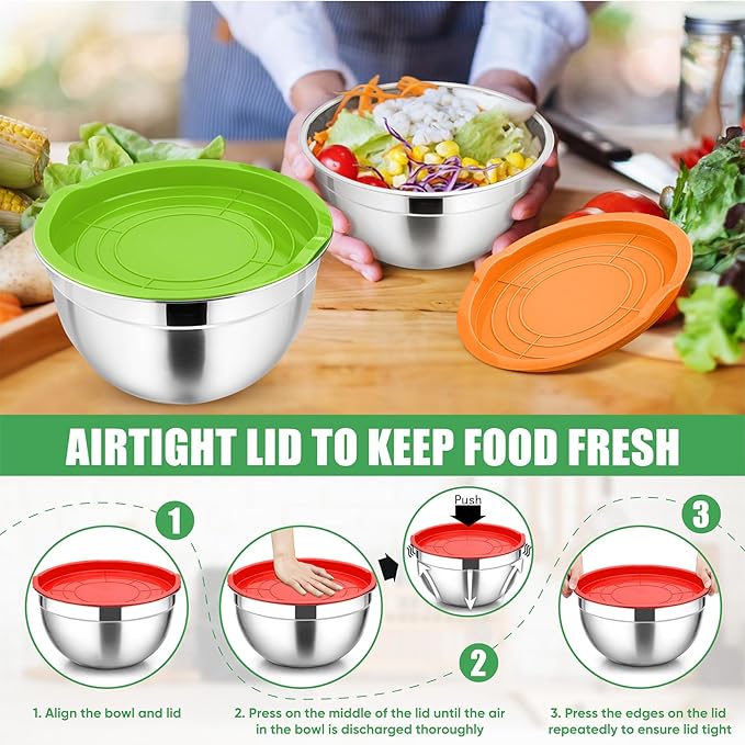P&P CHEF Multicolor Mixing Bowls with Lids, Set of 3, Stainless Steel Salad Nesting Bowl for Mixing, Storing, Prepping, Airtight & Stackable, Size 4.6/3 /1.5 QT