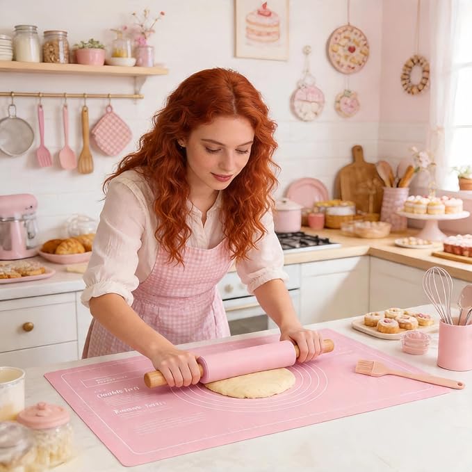 3Pcs Silicone Rolling Pin for Baking Sets,15Inch Pastry Dough Roller with Wooden Handle Silicone Mat and Brush, Non Stick Surface Rolling Pins for Dough Cookie Baking Supplies Kitchen Accessories
