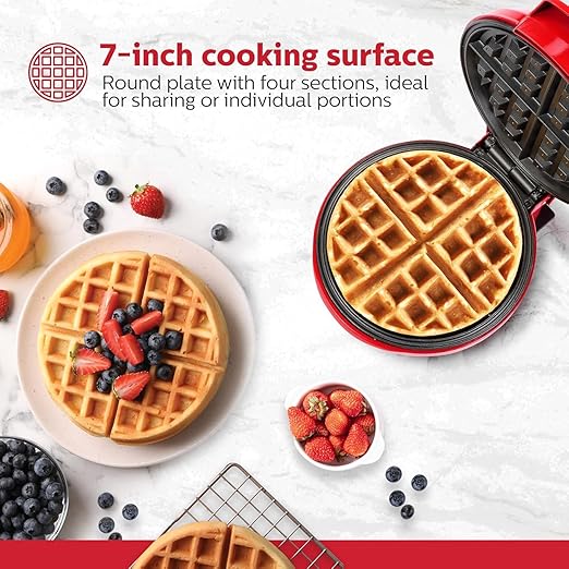 Holstein Housewares 7" Belgian Waffle Maker, Non-Stick Coating, Red/Stainless Steel, Delicious Waffles in Minutes for Everyday Meals. 7 Inch
