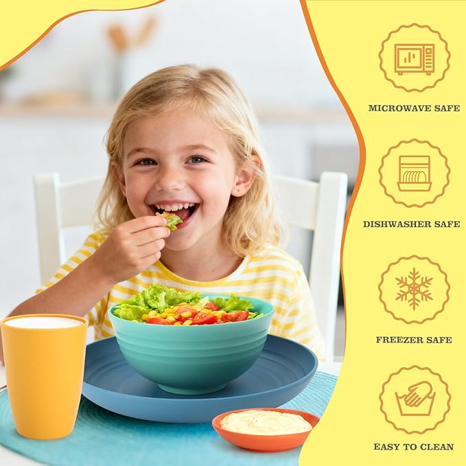 Wheat Straw Dinnerware Sets, Unbreakable Plates and Bowls Sets of 16, Kids Dinnerware Set Sevice for 4, Dishwasher & Microwave Safe Dish Set for Kitchen, Outdoor, Camping - Multi