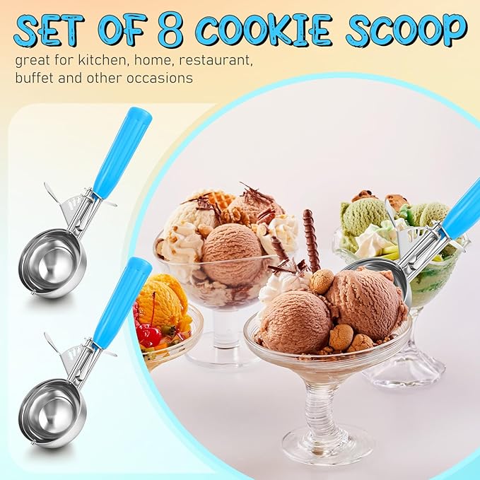 Reallnaive 8 Pcs Release Cookie Scoops Ice Cream Scooper with Trigger Release Portion Scoop Stainless Steel for Portion Control, Baking Food, Cookie Dough (2 oz,Blue)