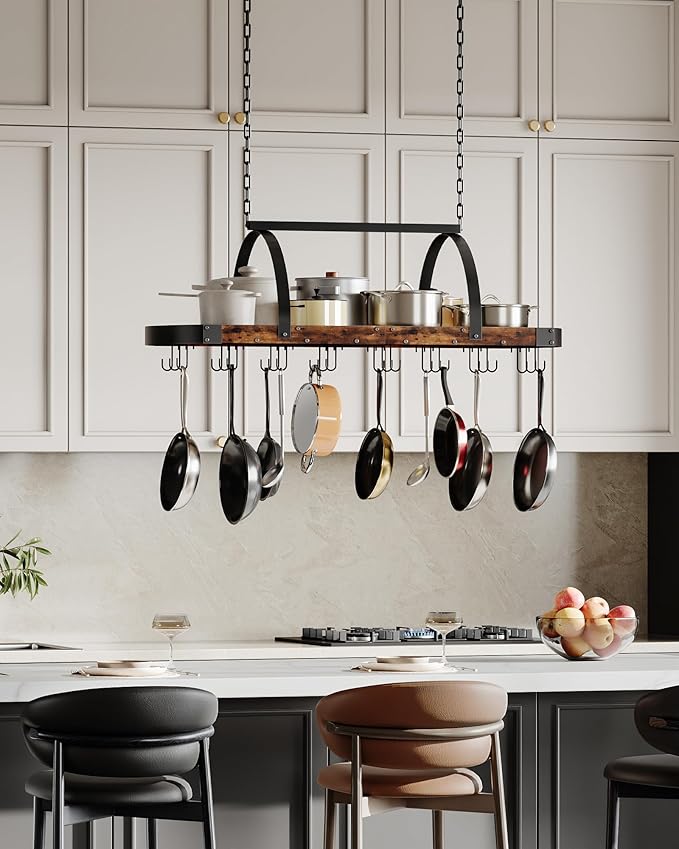 CHOEZON Hanging Pot Rack, Pot Hanger for Kitchen, Ceiling Mounted Pot Holder, Cookware Organizer with 24 S-Shaped Hooks, for Pot, Pan Storage, Space-Saving, Rustic Brown and Black TPR28BF