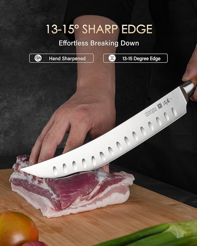 Mitsuharu 10" Butcher Knife, SHOMAN Series Curved Cimitar Breaking Knives, with Ergonomic Olive Wood Handle, German Steel Carving, Sharp Meat Slicing for Roast Ham with Case (Butcher Knife)