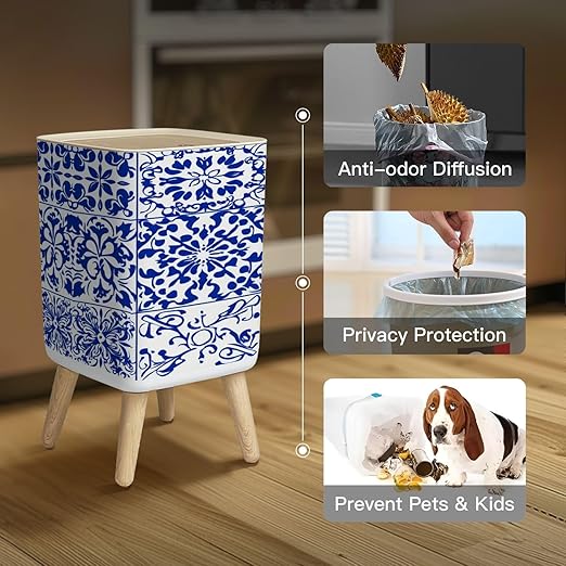 Small Trash Can with Lid Set 16 Tiles Azulejos Blue White Original Traditional Portuguese Spain Wastebasket with Press Cover Dog Proof Garbage Can Waste Bin for Kitchen Bathroom Nursery 2.6 Gallon